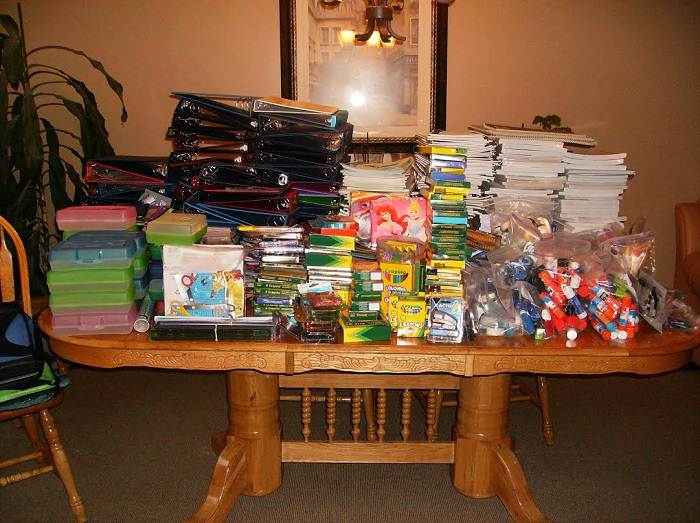 table full of school supplies